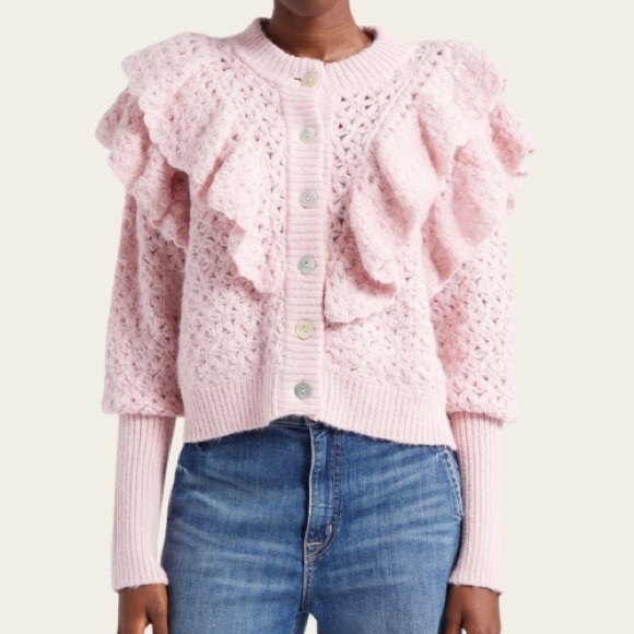 FARM Rio Sweaters - NWT FARM RIO Bohemian 
Flower Texture ruffled openwork knit cardigan Sweater